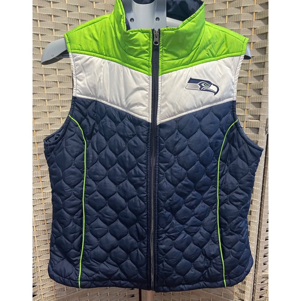 NFL Team Apparel Seattle Seahawks Women XL Quilted Puffer Vest Navy Lime Green